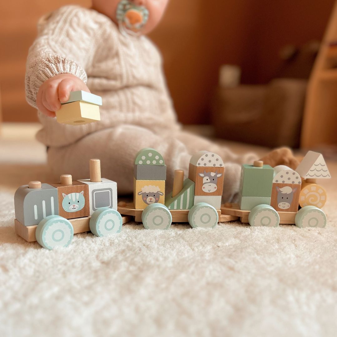 Drevený vlak s blokmi pre chlapca - Farma