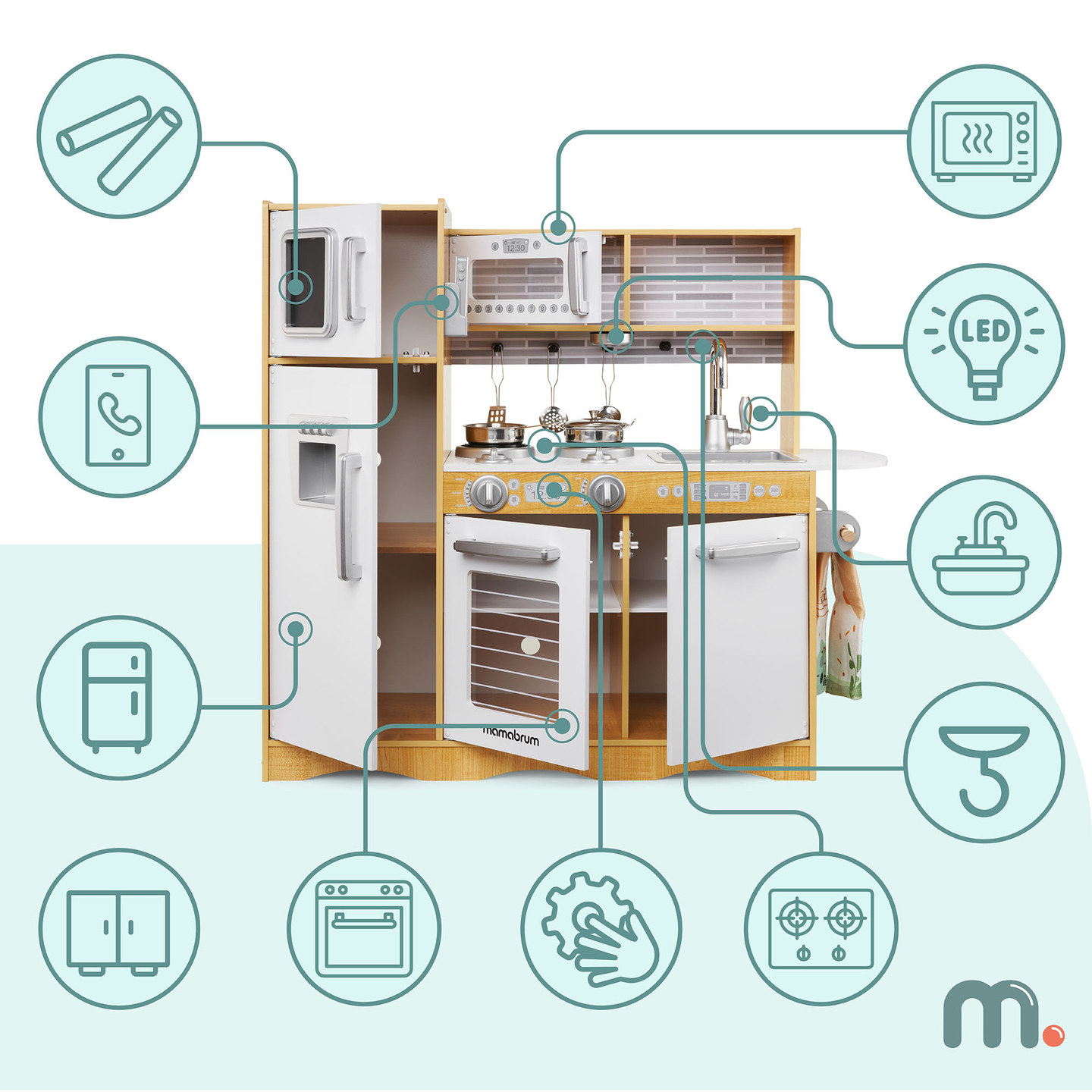 Drevená kuchyňa XXL s LED osvetlením, zásterou a príslušenstvom