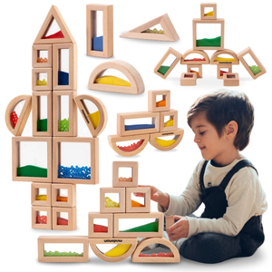 Sada drevených senzorických blokov s rôznymi náplňami - 15 kusov