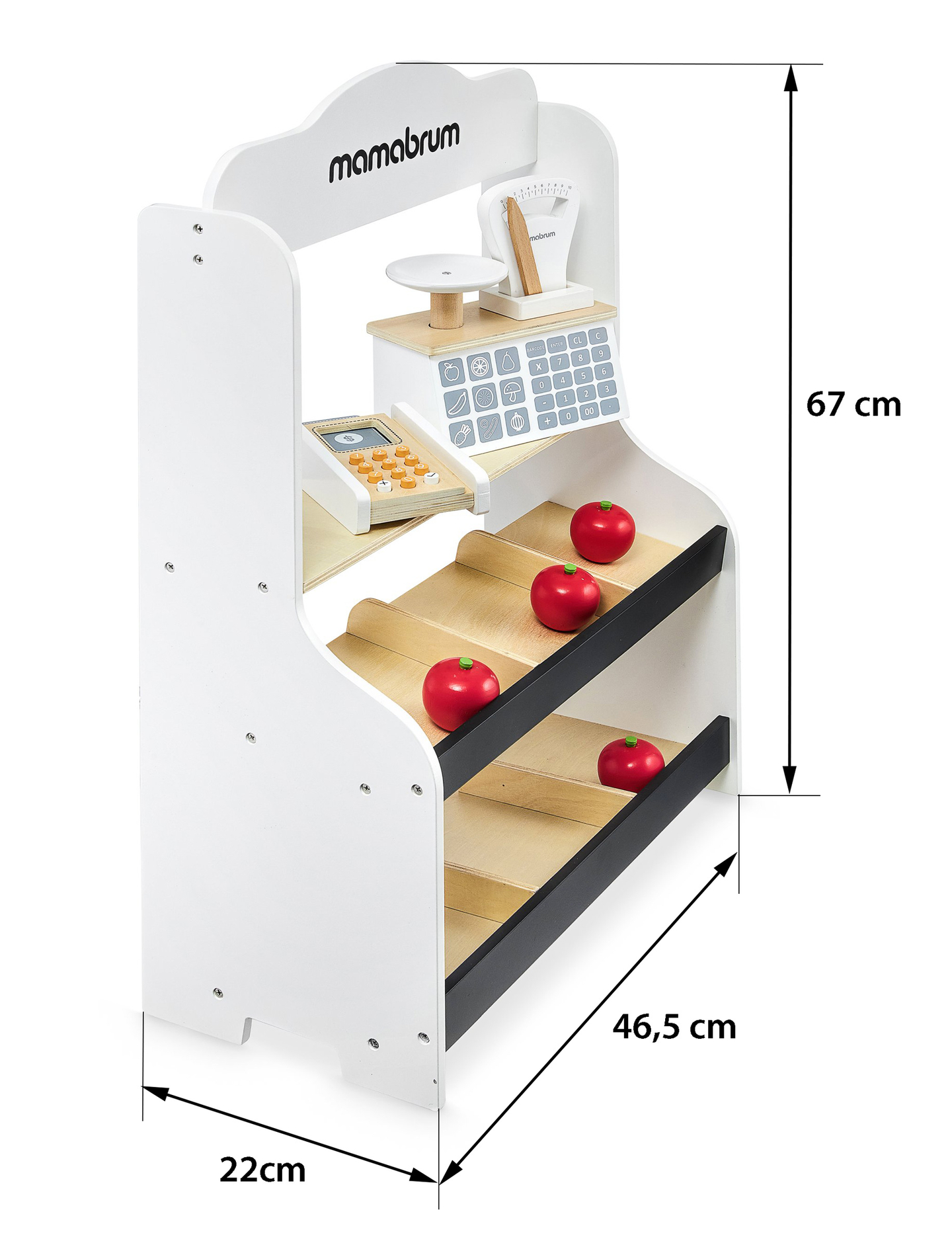 Mini market - obchod s váhou, terminálom, platobnou kartou a ovocím