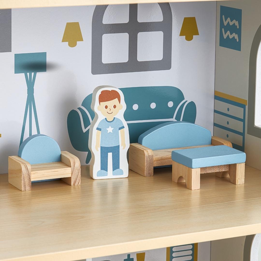 Biely drevený domček pre bábiky s terasou a príslušenstvom