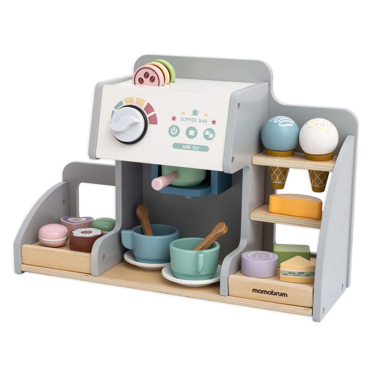 Veľká drevená zmrzlináreň s magnetickou tabuľou, kávovarom a sadou na zmrzlinu a zákusky - viac ako 70 dielikov!