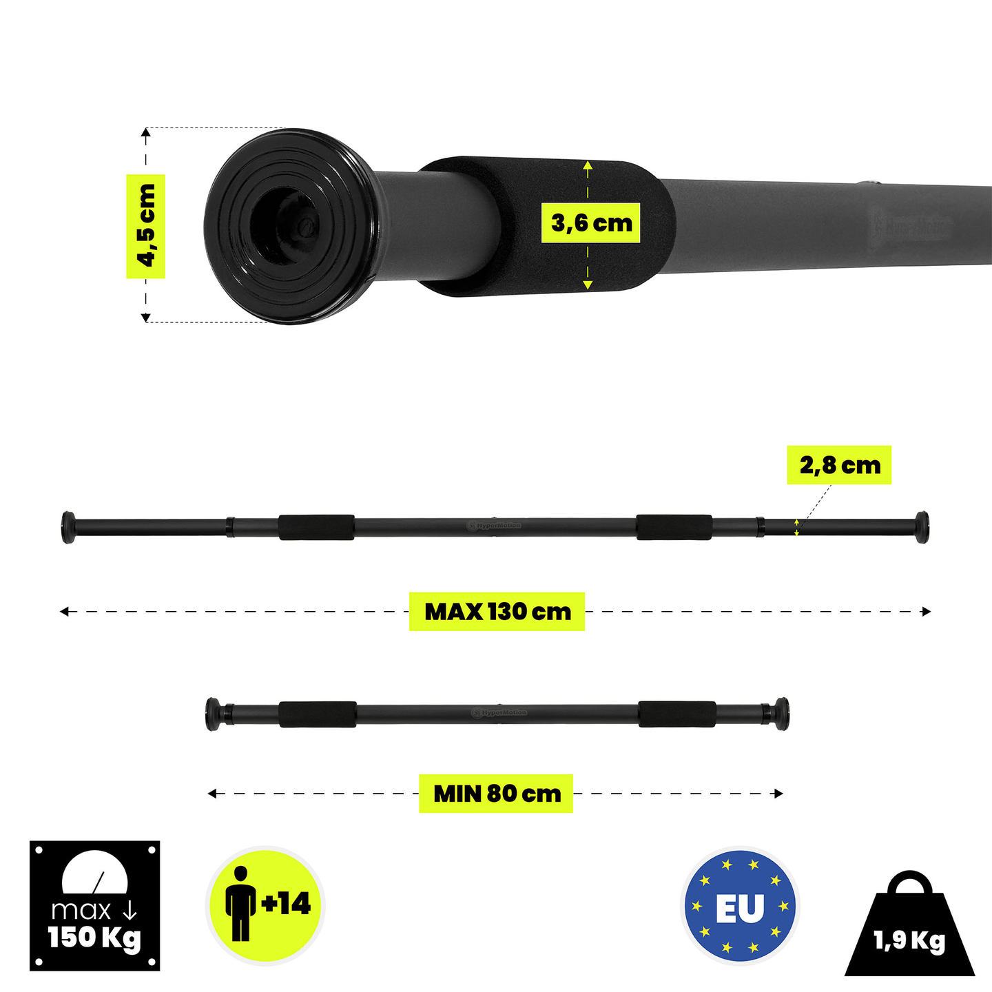 Nastaviteľná hrazda HyperMotion 80-130 cm, 150 kg, čierna