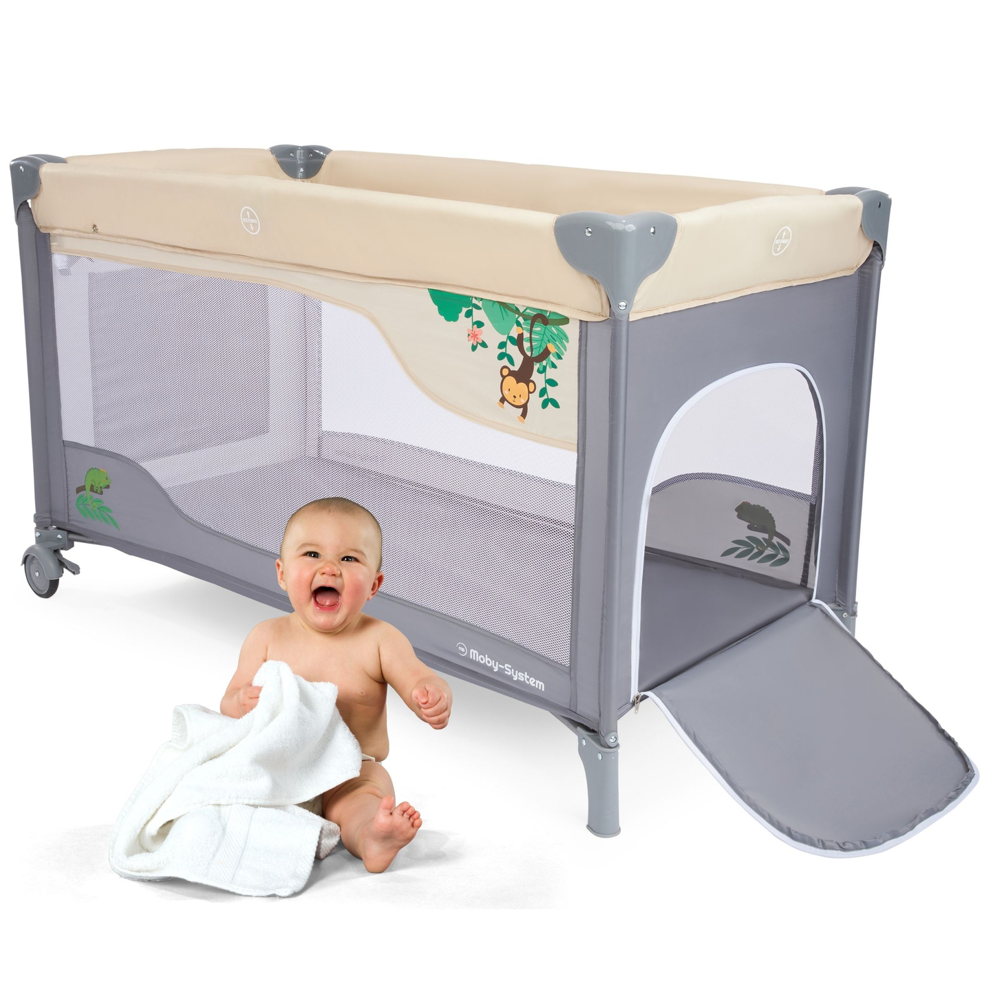 Cestovná postieľka 0 - 36 m s prebaľovacím pultom + ohrádka Moby-System HUXLEY