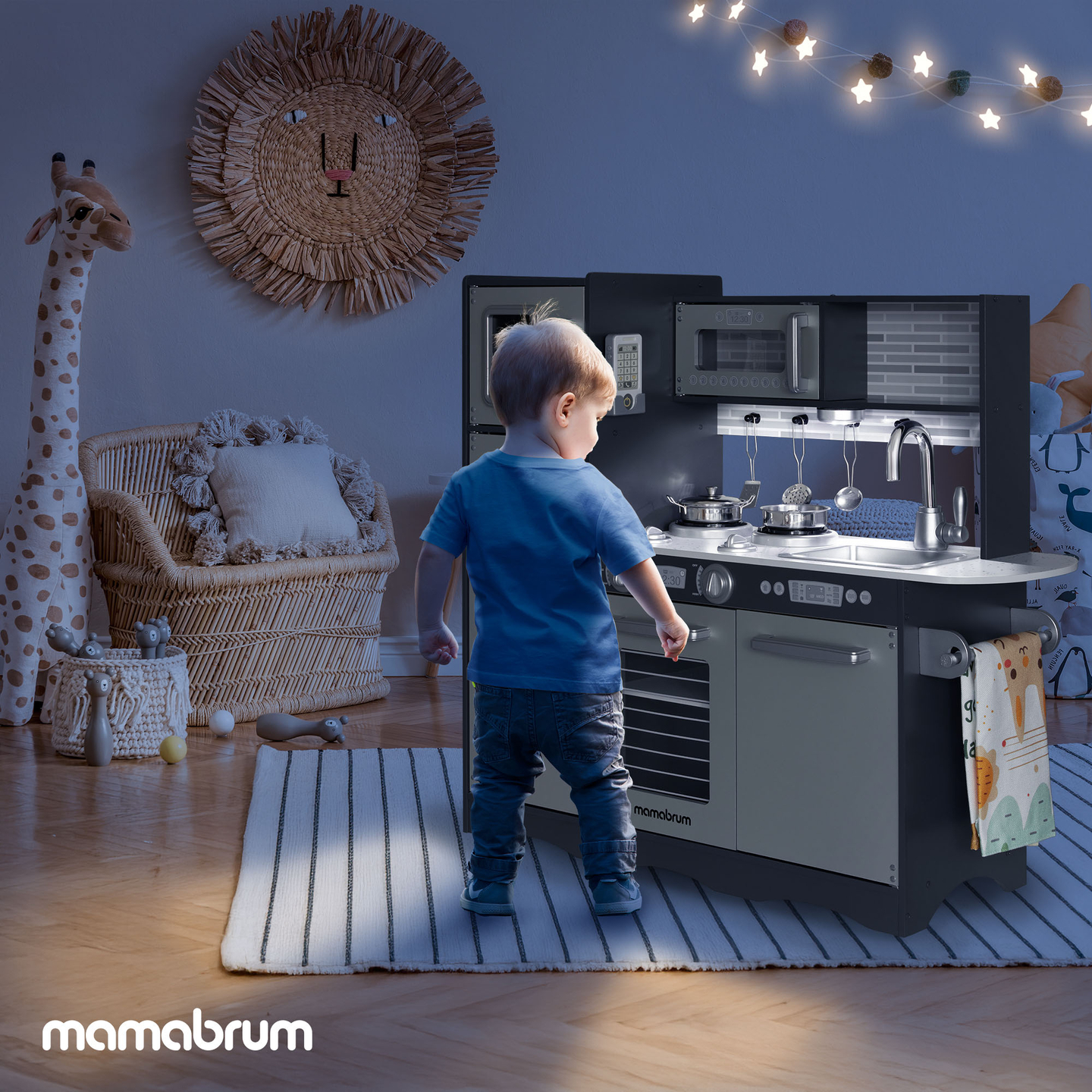 Drevená kuchyňa XXL s LED osvetlením, zásterou a príslušenstvom