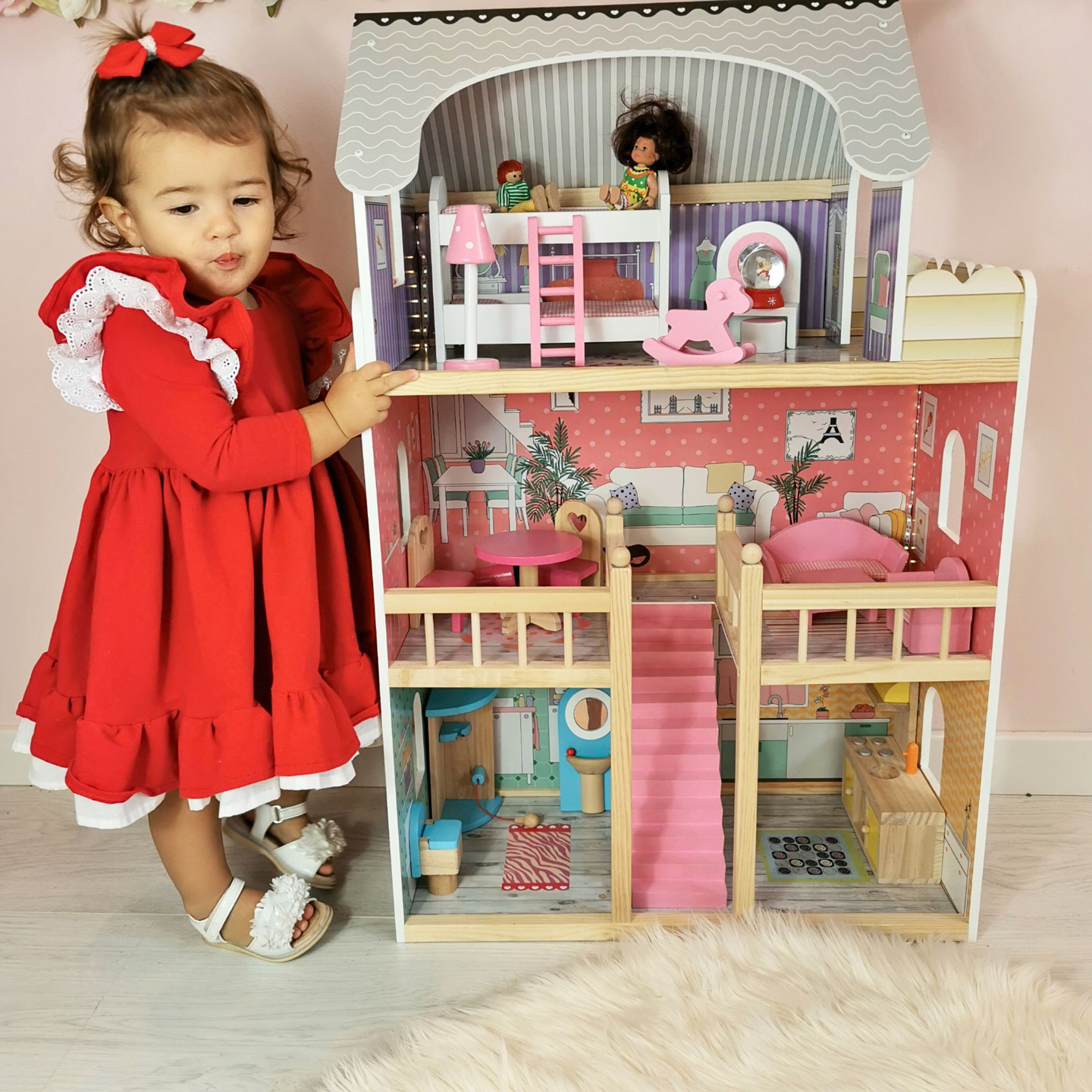 Veľký drevený 3-poschodový domček pre bábiky s terasou, nábytkom a LED osvetlením!