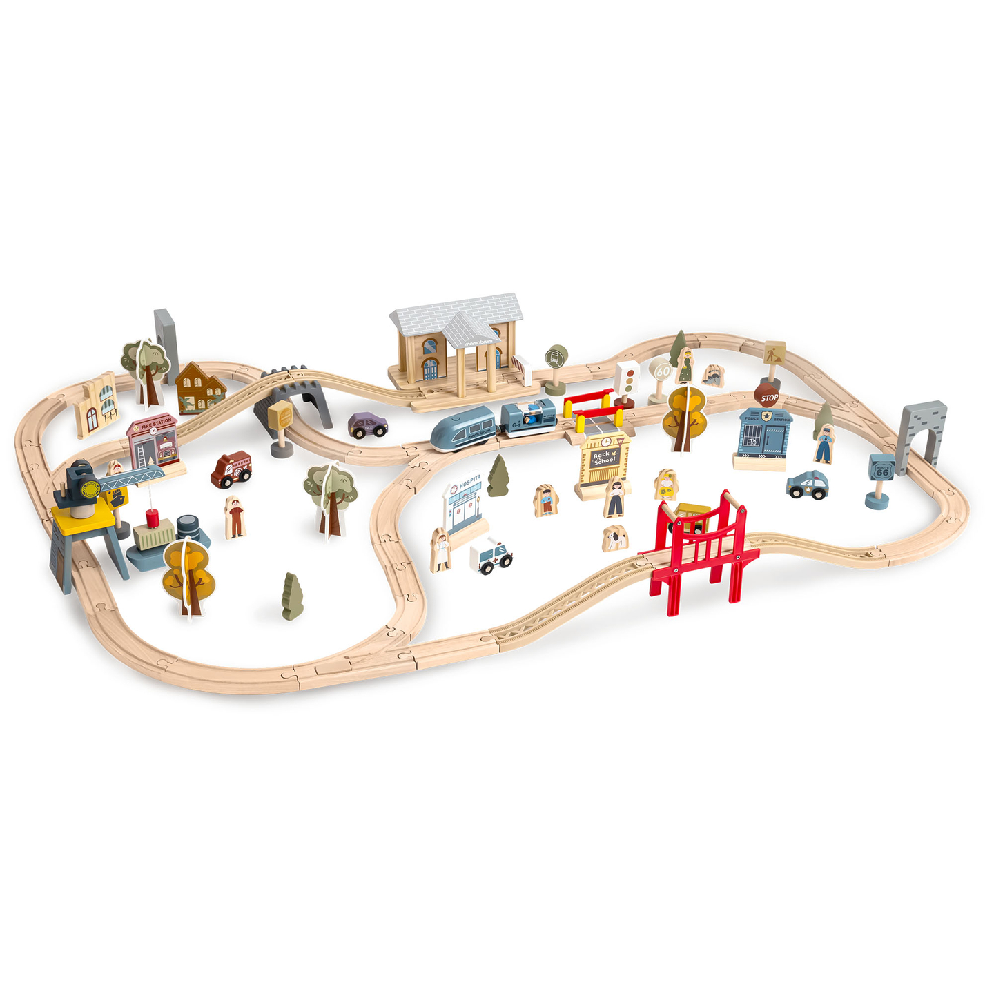 Drevená mestská železnica s elektrickým vlakom - pohybujúci sa žeriav, loď, mosty