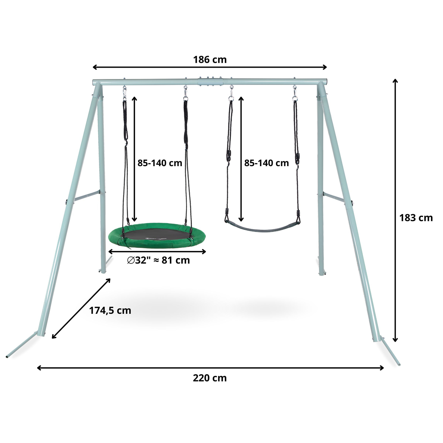 Dvojitá záhradná hojdačka s rámom a lanami - sedák a bocianie hniezdo