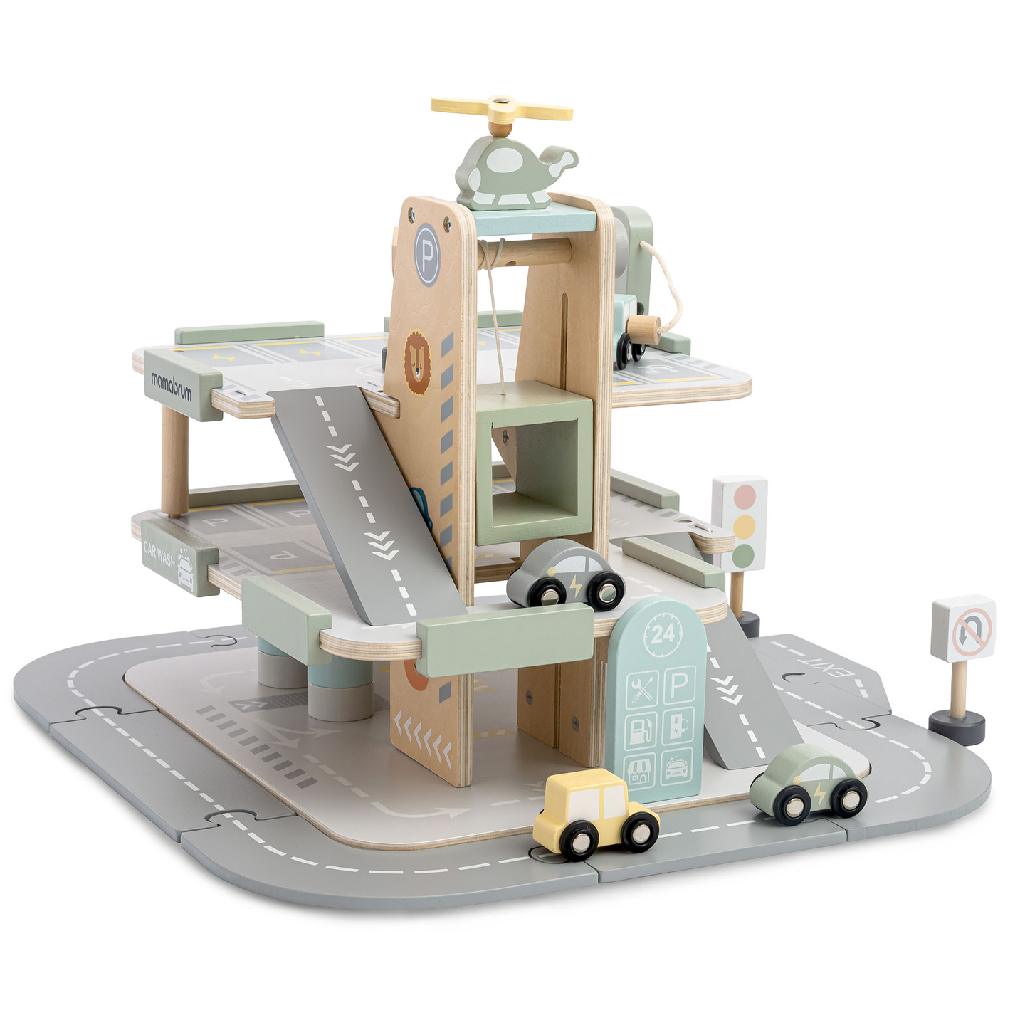 Drevená trojposchodová garáž pre deti s príslušenstvom – parkovisko, čerpacia stanica, umývačka áut, vrtuľník