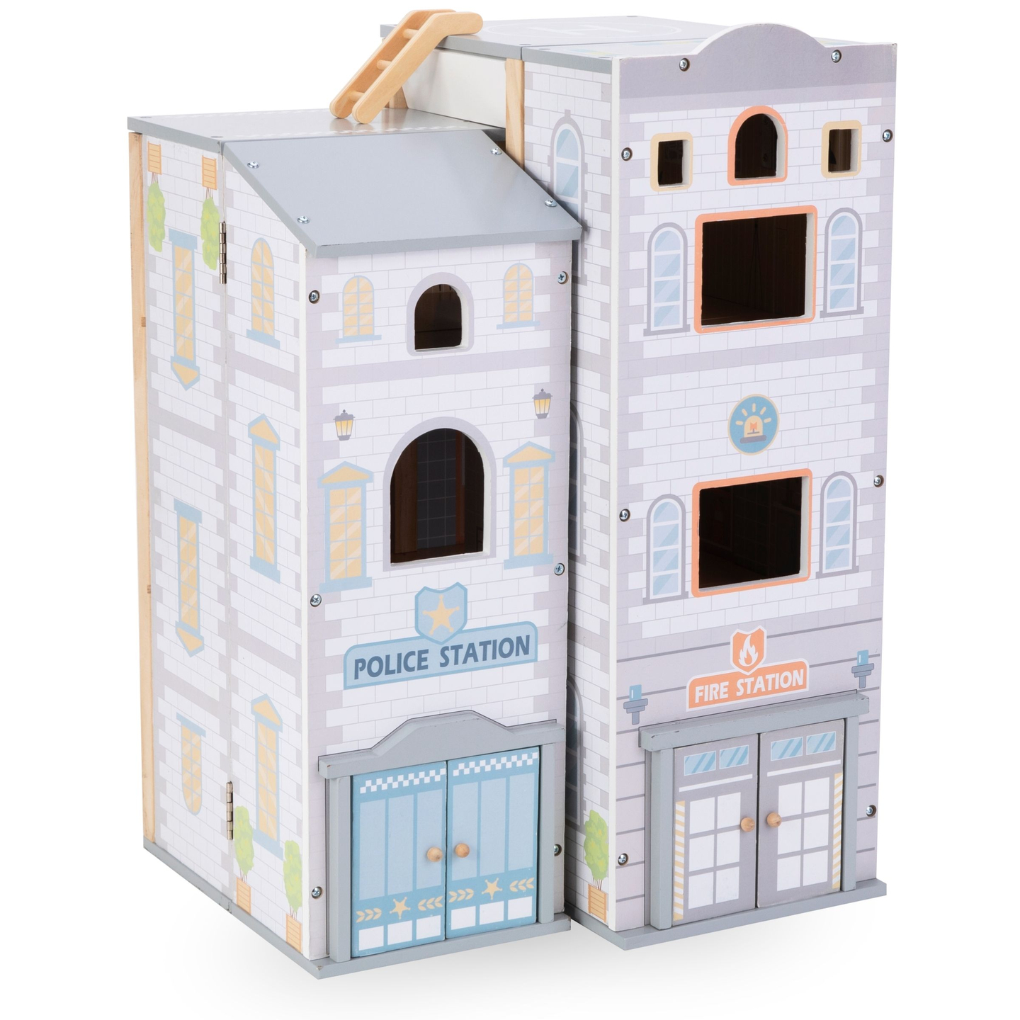 Veľká skladacia hasičská stanica s policajnou stanicou - drevená súprava. Hasičská stanica a policajná stanica s príslušenstvom.
