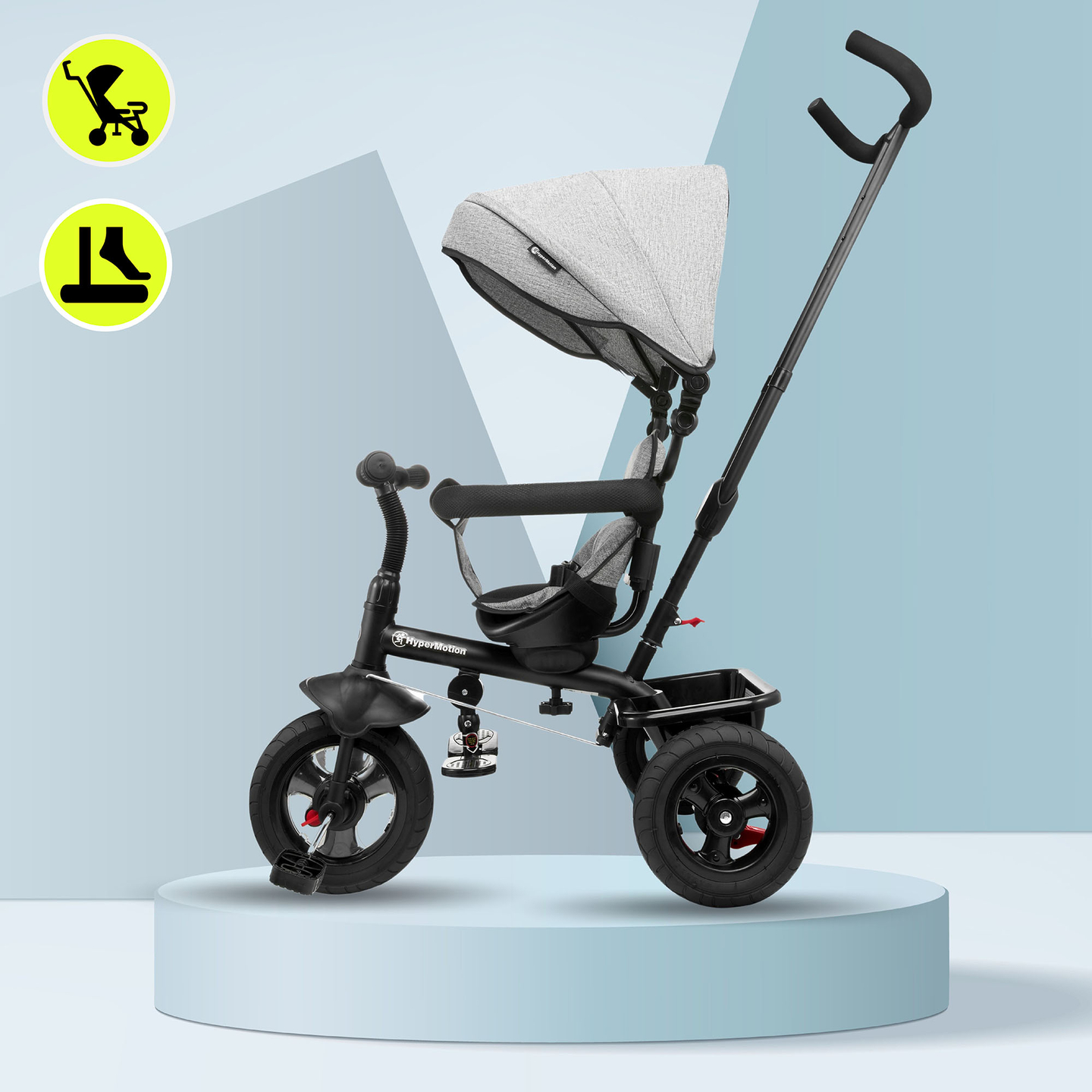 Trojkolka pre deti od 1 do 4 rokov - TOBI FREY - sivá farba - otočná - pumpované kolesá + tlačné koleso