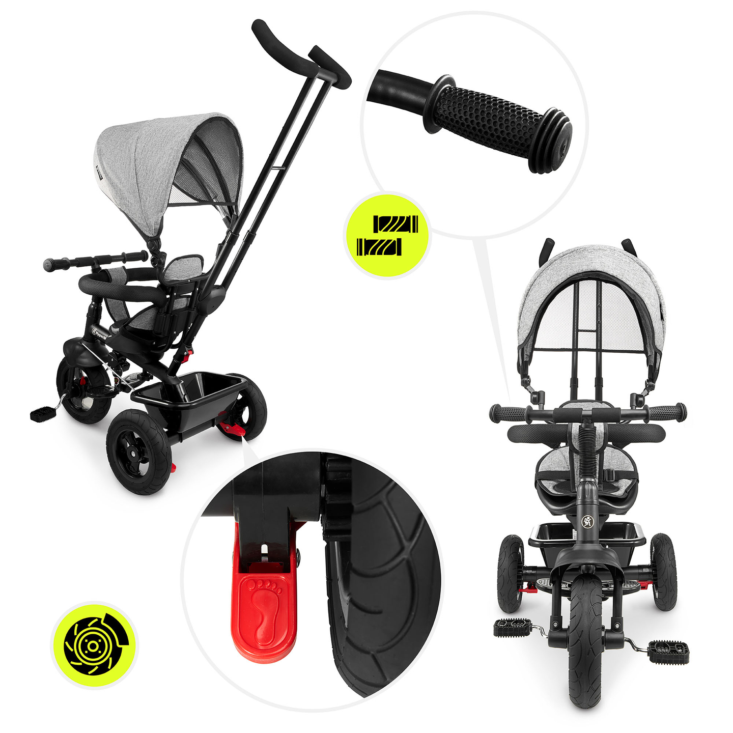 Trojkolka pre deti od 1 do 4 rokov - TOBI FREY - sivá farba - otočná - pumpované kolesá + tlačné koleso