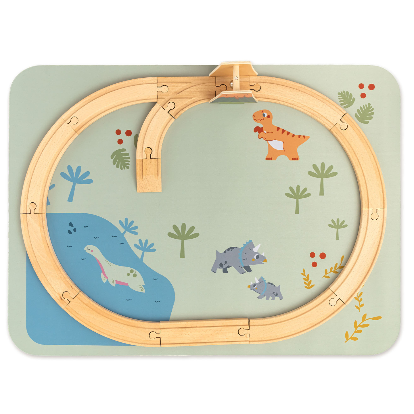 Drevený vláčik Dino Park s protišmykovou podložkou - dinosaury, vláčik, koľajnice, sopka, zvonček