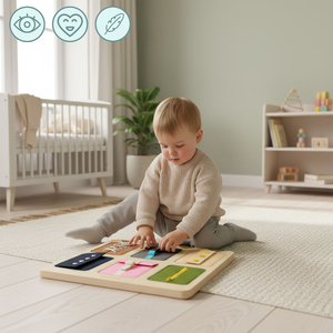 Drevená Montessori manipulačná doska – senzorické učenie samostatnosti – šnúrky, pracky, gombíky, patentky, zips