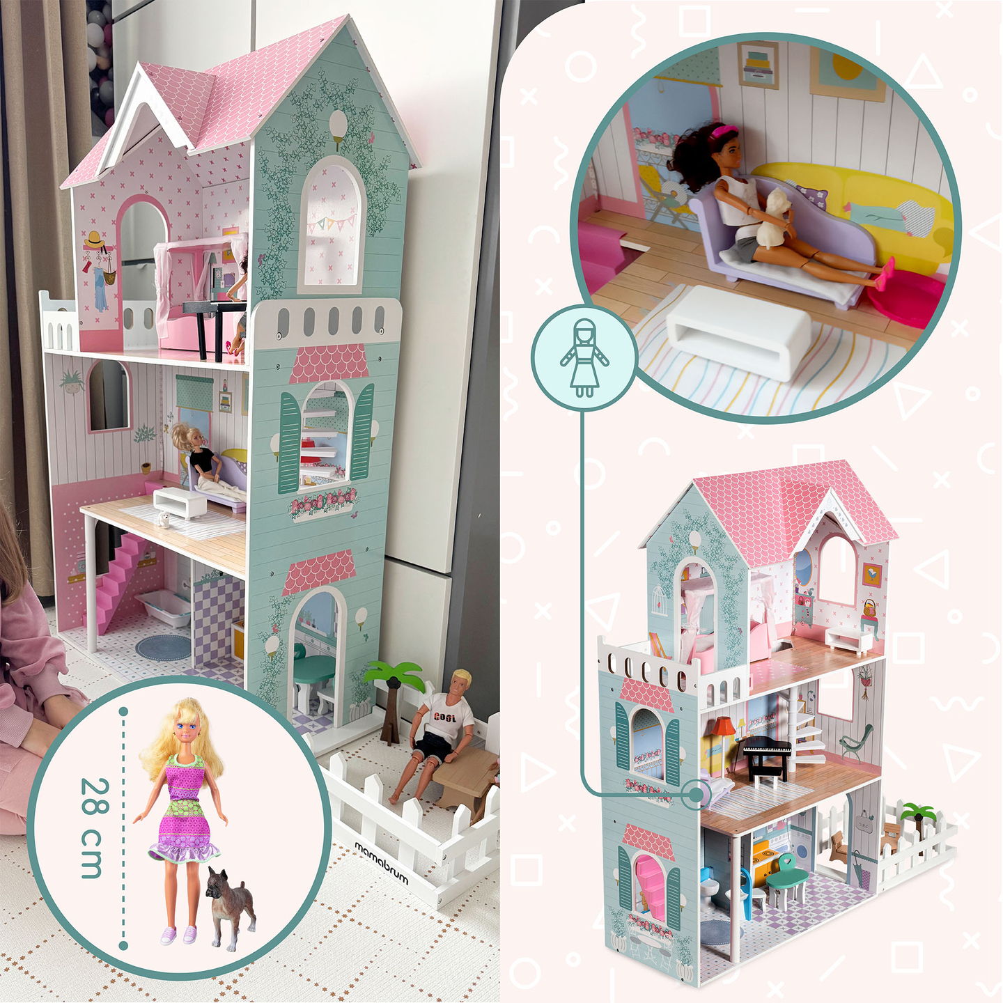 XXL Najväčší drevený domček pre bábiky - 123 cm - LED osvetlenie - terasa, doplnky, záhrada