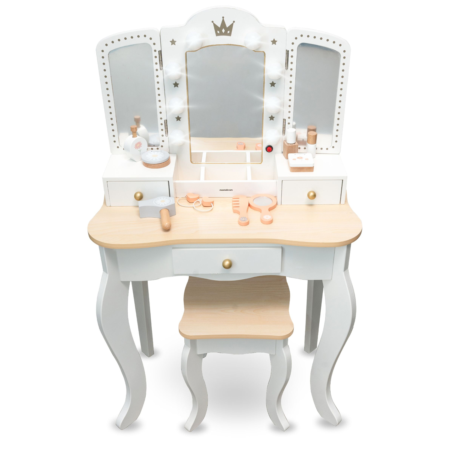 XXL drevený toaletný stolík so stoličkou a LED osvetlením pre deti + príslušenstvo