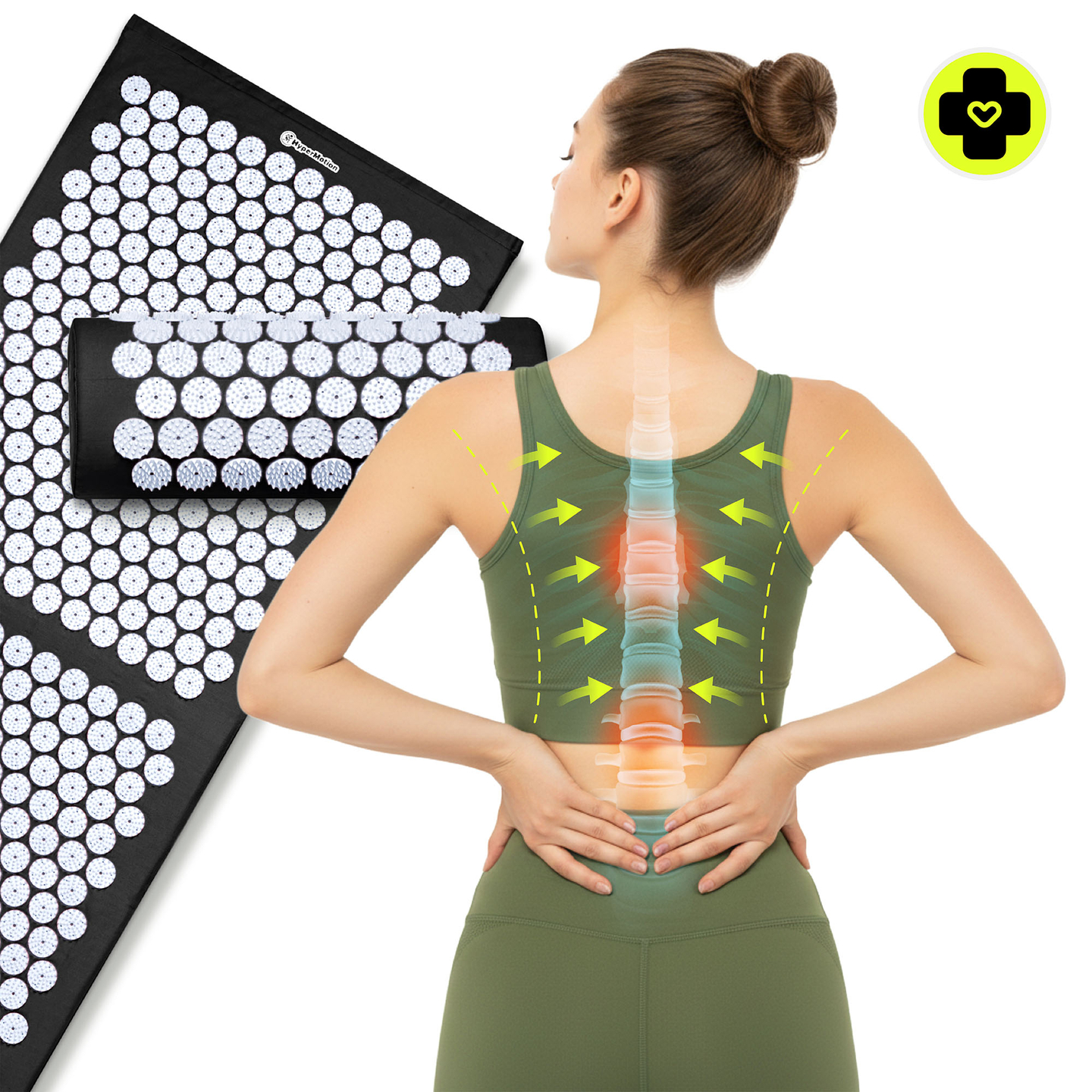 Veľká akupresúrna podložka s vankúšom a poťahom - 130 cm HyperMotion čiernobiela