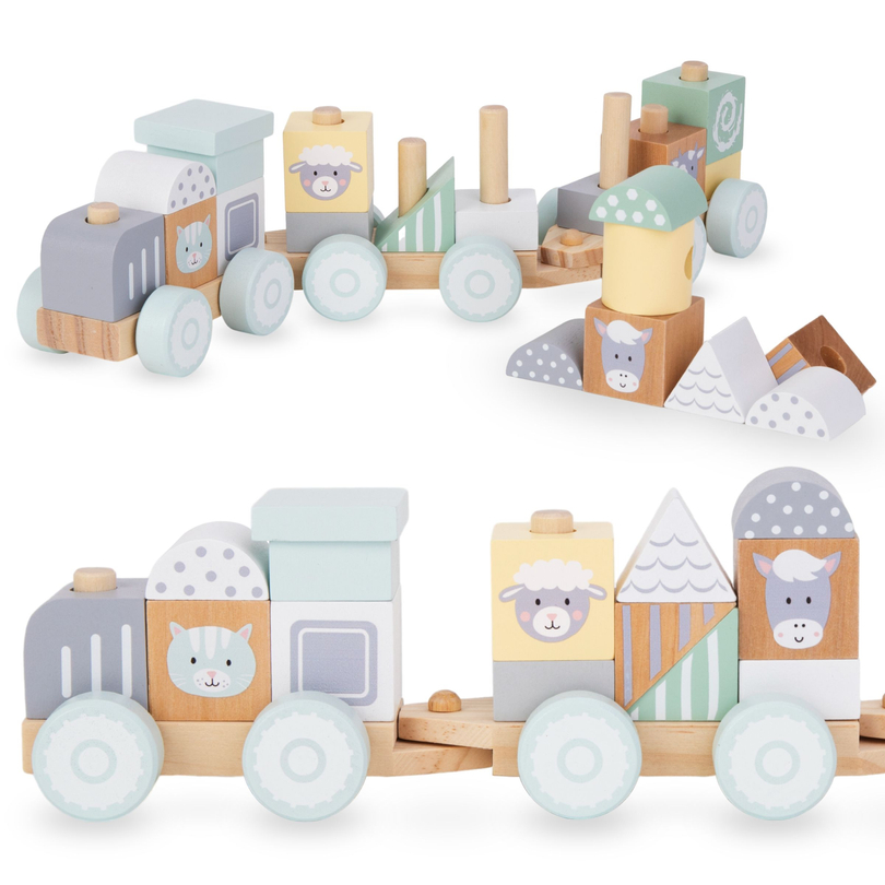 Drevený vlak s blokmi pre chlapca - Farma