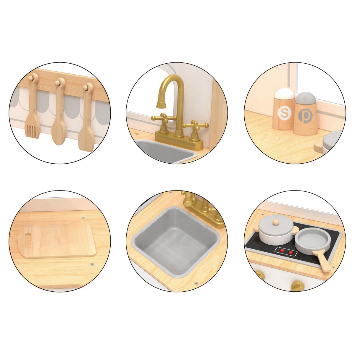 Drevená interaktívna rohová kuchyňa XXXL s chladničkou, mikrovlnnou rúrou, rúrou, práčkou a príslušenstvom - prírodná