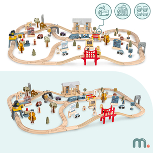 Drevená mestská železnica s elektrickým vlakom - pohybujúci sa žeriav, loď, mosty