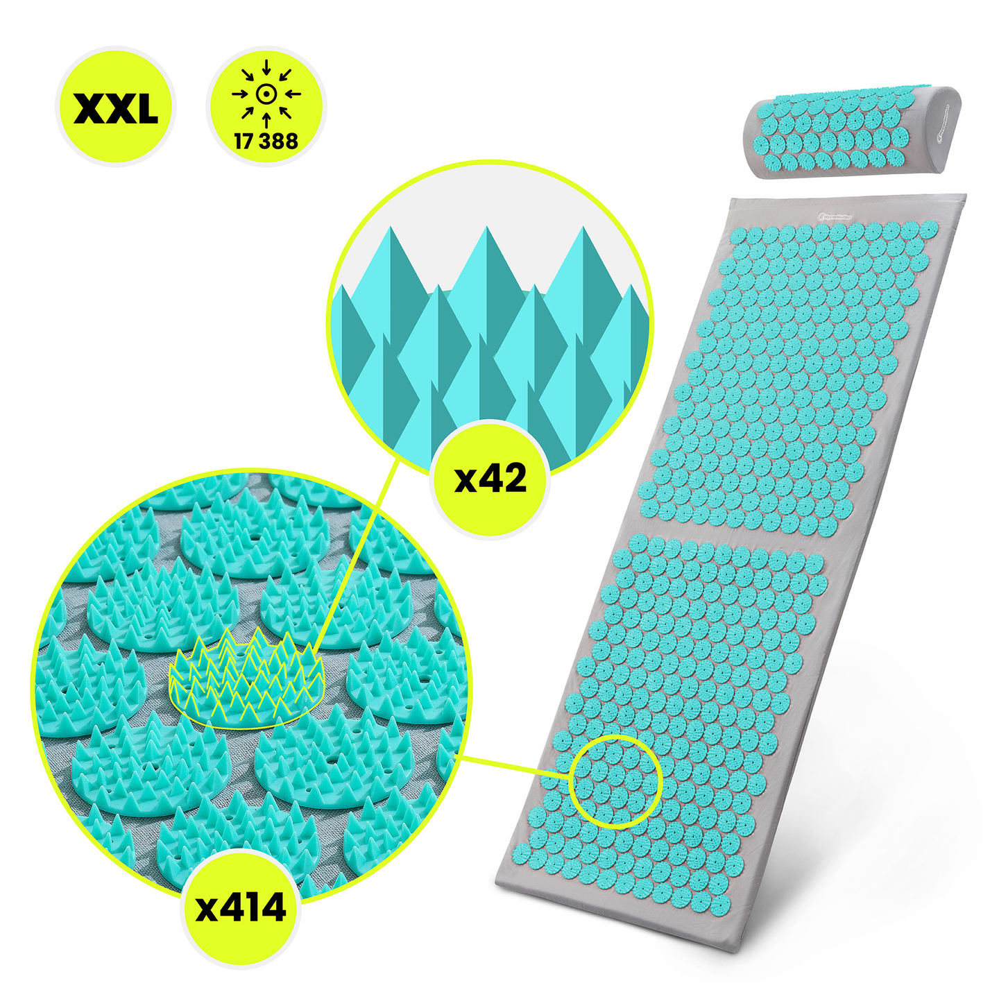 Veľká akupresúrna podložka s vankúšom a poťahom - 130 cm HyperMotion sivo-mätová