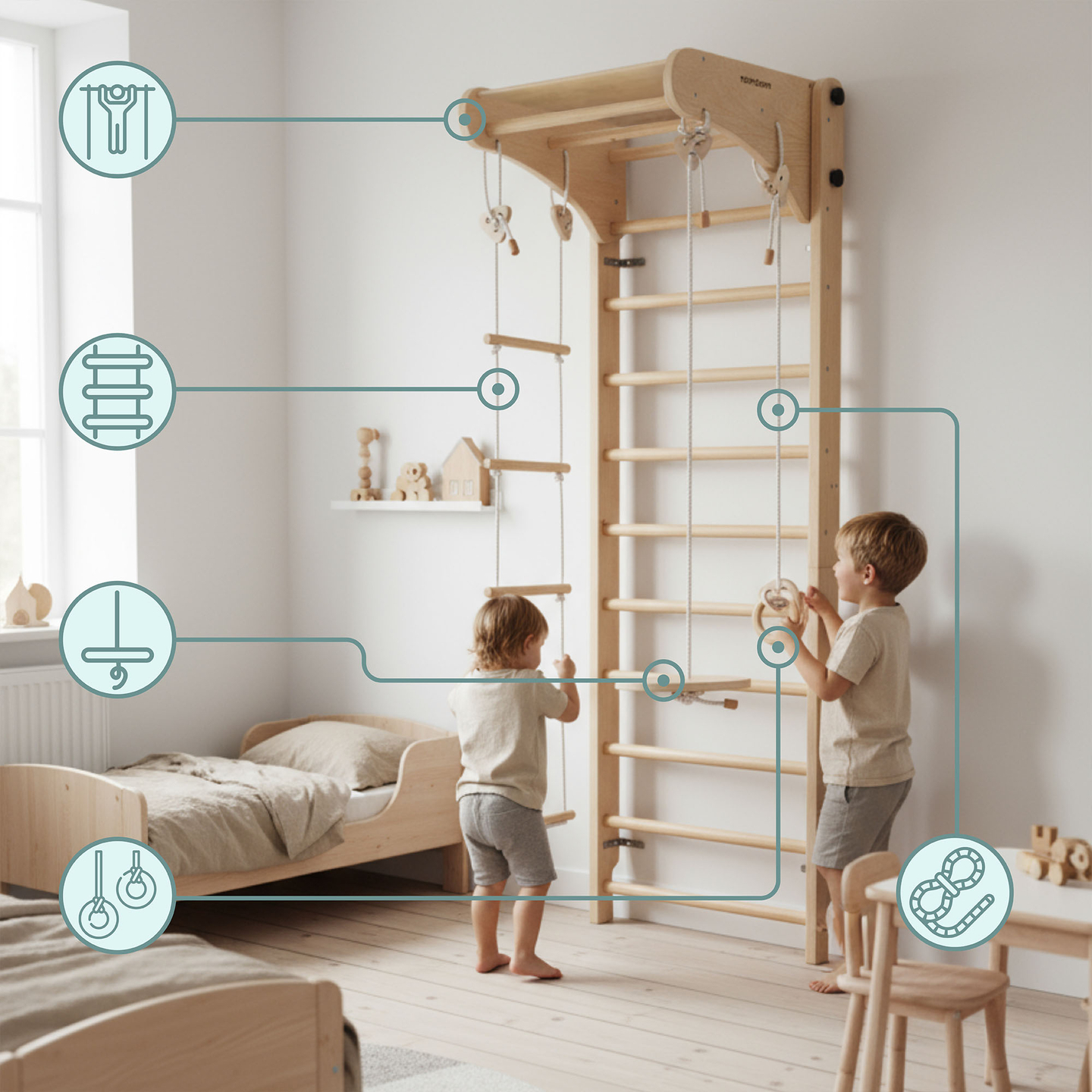 Drevený gymnastický rebrík pre deti s príslušenstvom - hojdačka, gymnastické kruhy a lanový rebrík