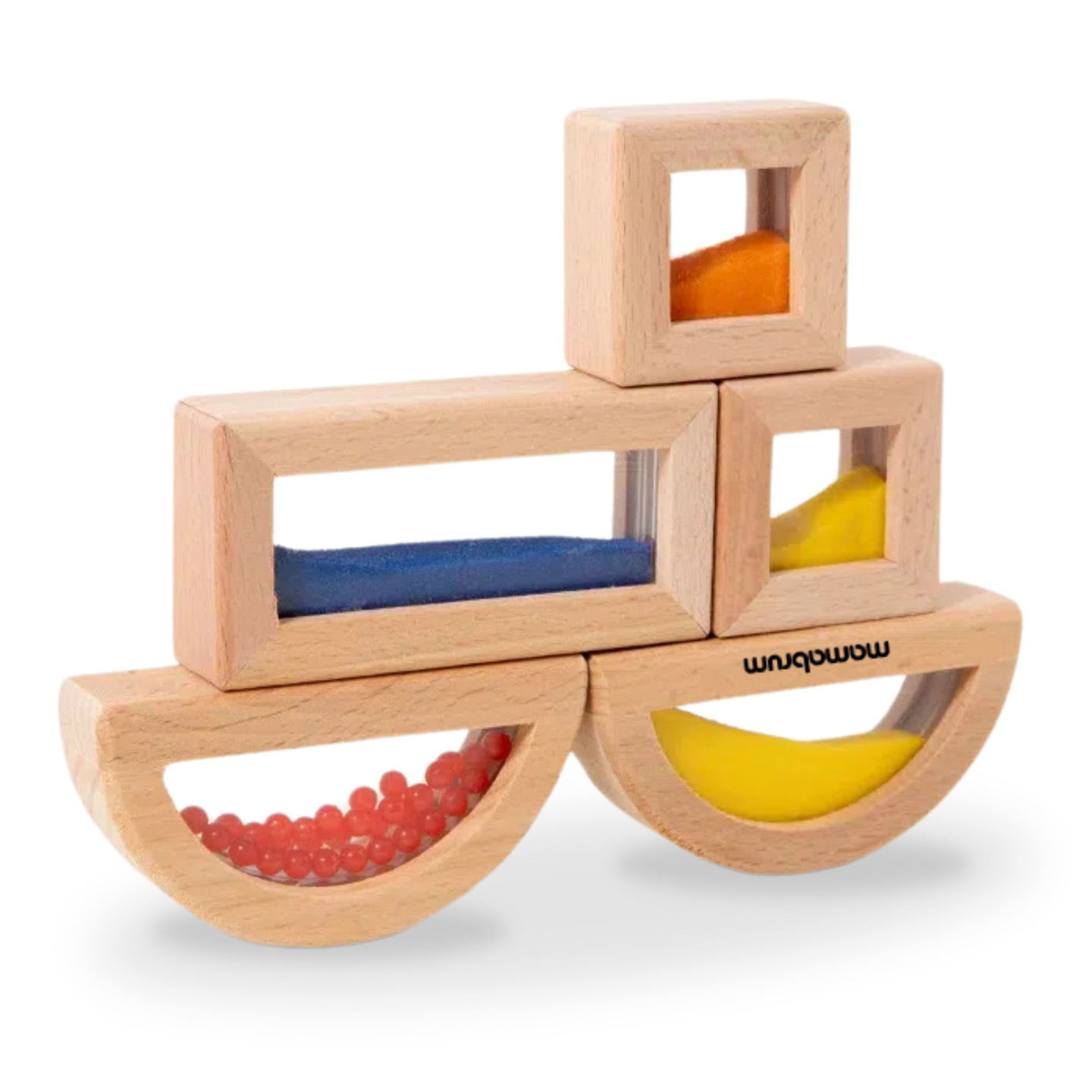 Sada drevených senzorických blokov s rôznymi náplňami - 15 kusov