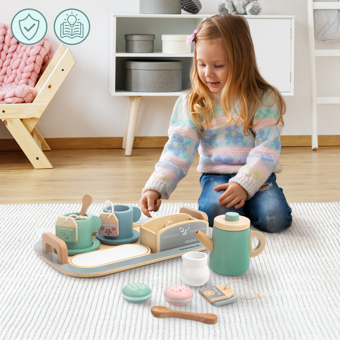 Veľká drevená čajová súprava s podnosom - 18 kusov