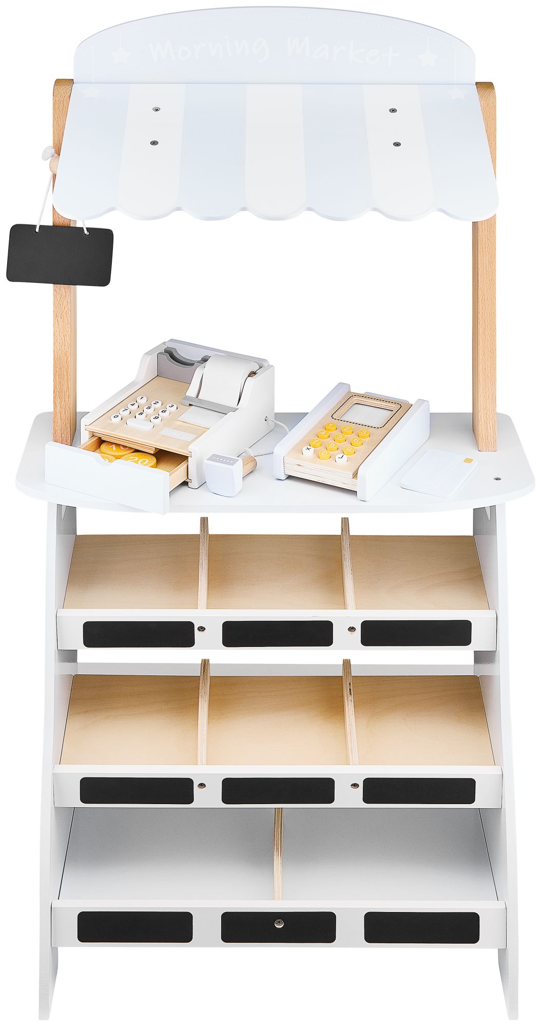 Obchod so zeleninou - drevený stánok s debničkami, pokladňou a terminálom