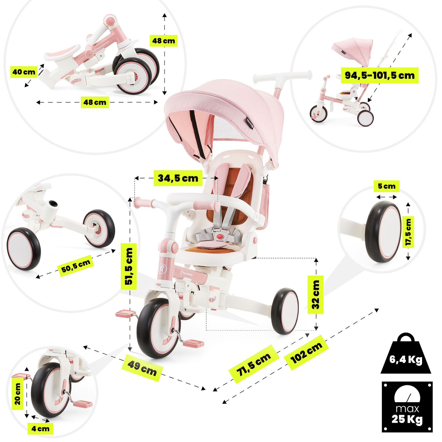 Multifunkčná trojkolka 8v1 TOBI FOREST - ružová