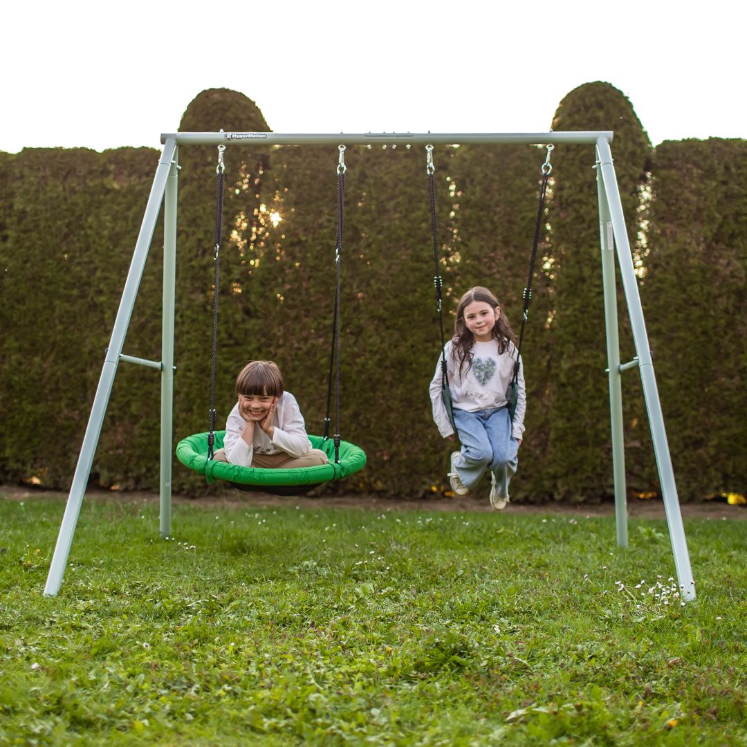 Dvojitá záhradná hojdačka s rámom a lanami - sedák a bocianie hniezdo