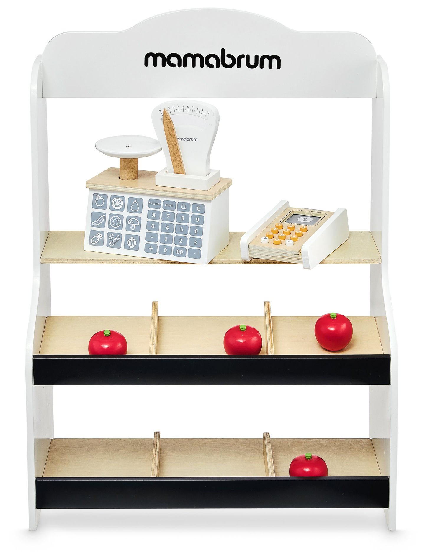 Mini market - obchod s váhou, terminálom, platobnou kartou a ovocím