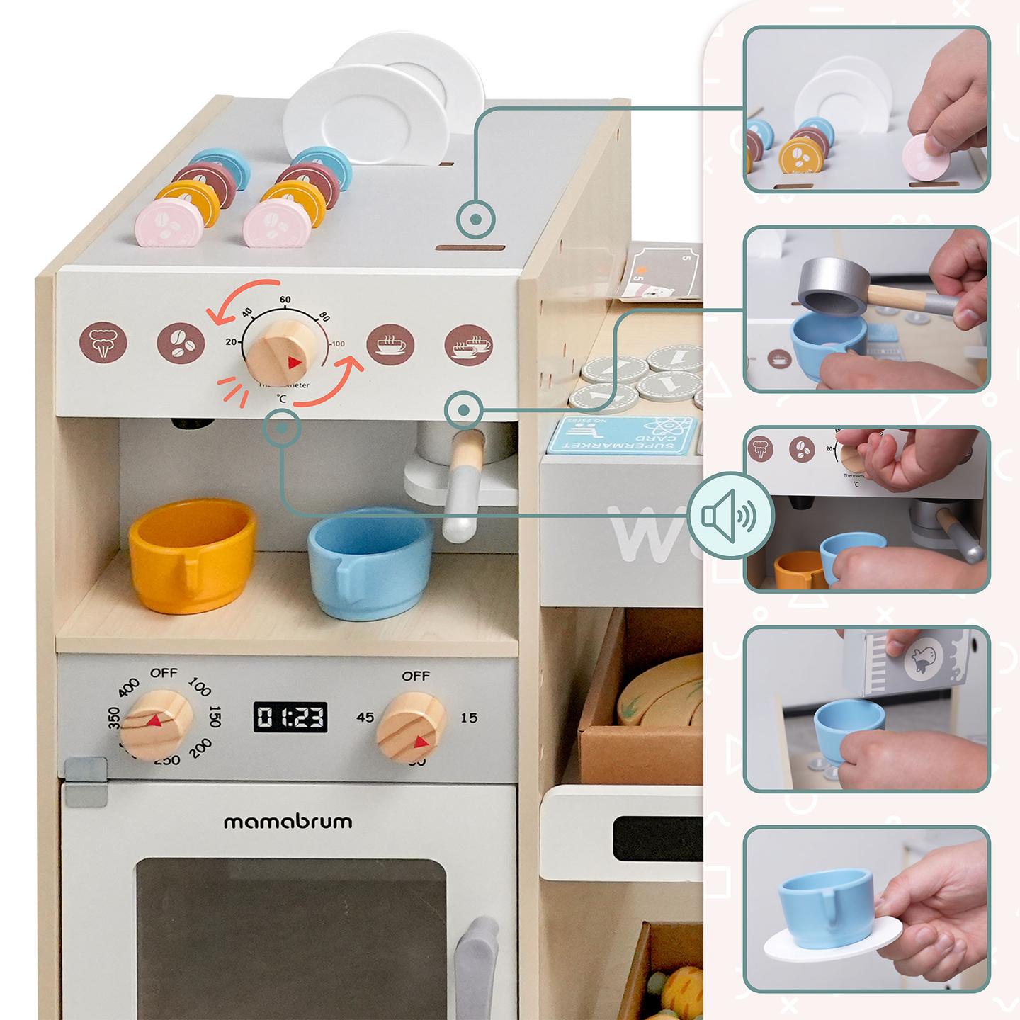 Veľký drevený XXXL obchod pre deti s barom rýchleho občerstvenia - Rohový obchod + Kávovar + Rúra + Chladnička - 106 ac.