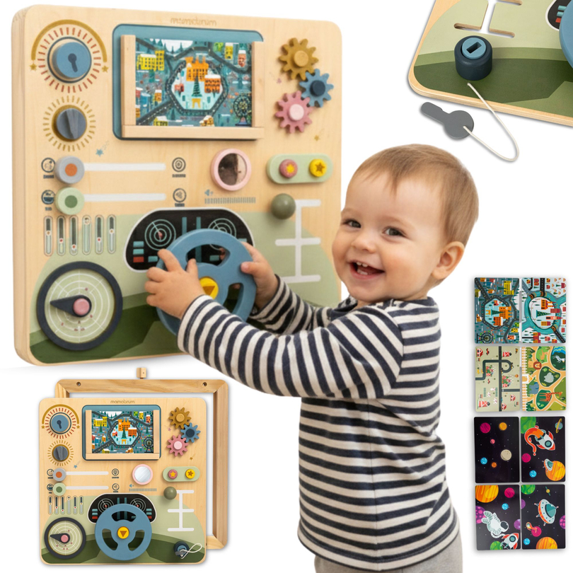 Drevená Montessori doska 2 v 1 Kokpit pre malého vodiča a pilota – volant, radiaca páka, cestovné mapy, radar