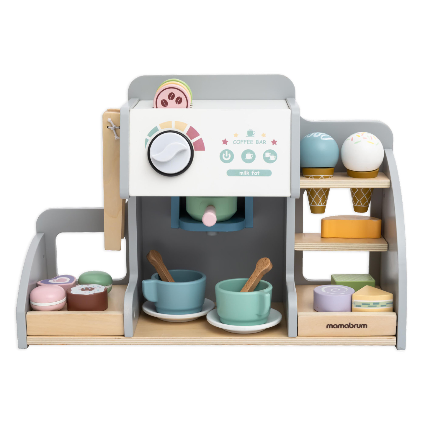 Veľká drevená zmrzlináreň s magnetickou tabuľou, kávovarom a sadou na zmrzlinu a zákusky - viac ako 70 dielikov!