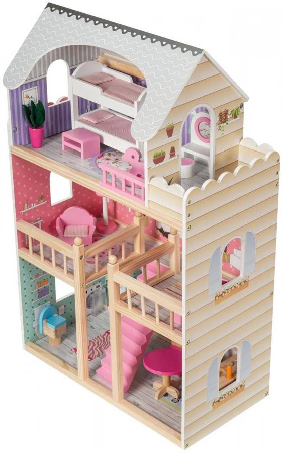 Veľký drevený 3-poschodový domček pre bábiky s terasou, nábytkom a LED osvetlením!